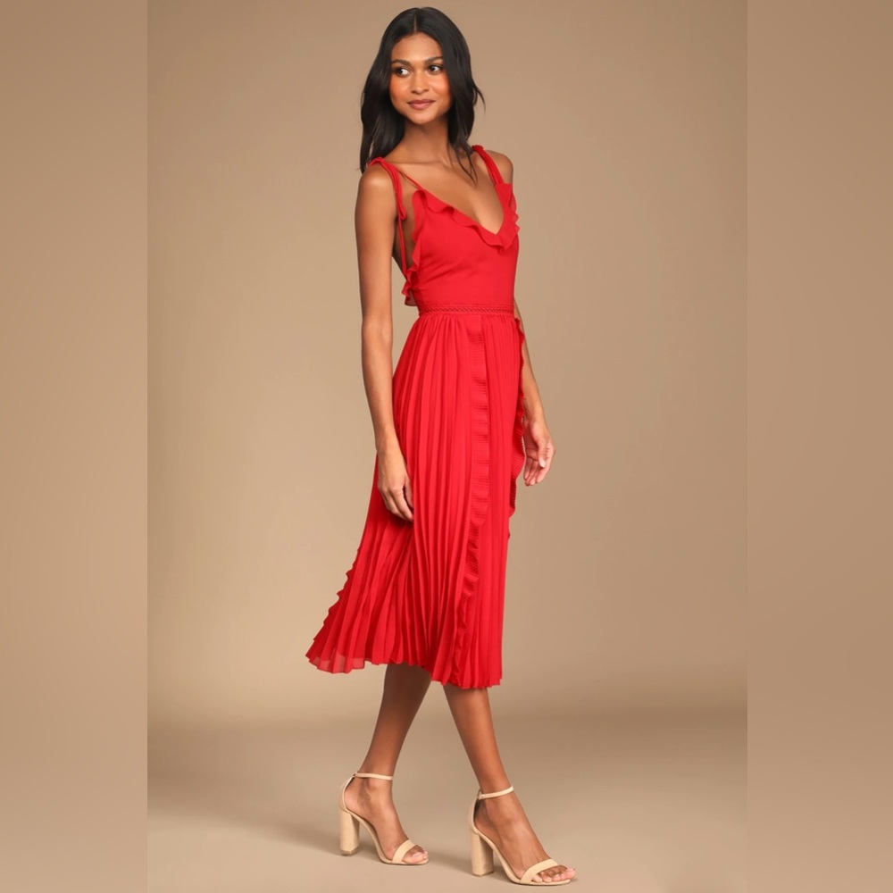 Lulus Never a Dull Moment Bright Red Tie-Strap Pleated Midi Dress